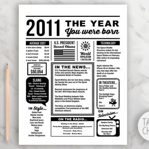 2011 The Year You Were Born PRINTABLE Poster | 13th Birthday PRINTABLE Sign | Last Minute Gift | Gift for Teenager | Easy to Print