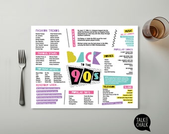 Back to the 90s PRINTABLE Placemat | Decades Party | 1990s Party Decorations | Table Setting | 30th Reunion Ideas | Easy to Print