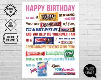 PRINTABLE Happy Birthday Mom Candy Bar Poster Sign | PRINTABLE Candy gram | Gift or Mom | Birthday Gift Ideas for Mother | DIY Printing