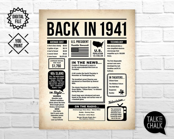 Back In 1941 Printable Newspaper Poster Printable 80th Etsy Back In 1941 Printable Newspaper Poster Printable 80th Etsy