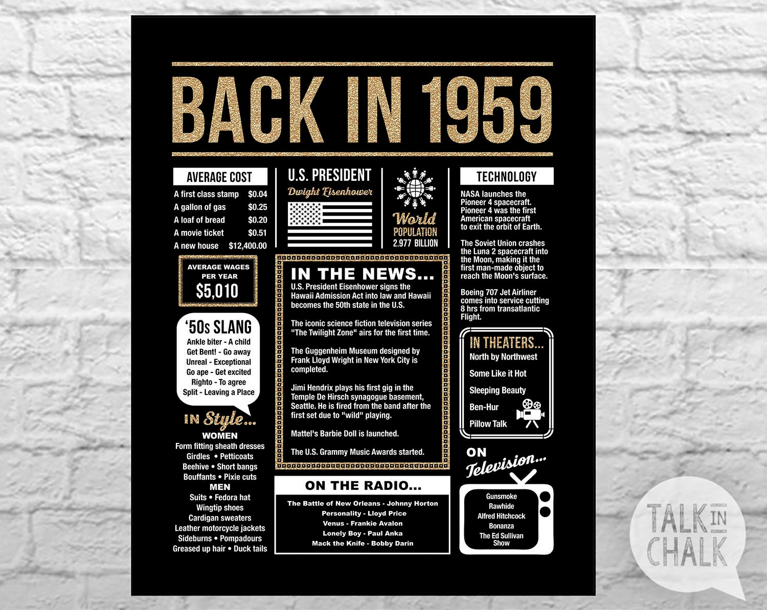 back-in-1959-black-and-gold-glitter-printable-poster-60th-etsy