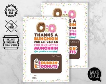 Teacher Appreciation Gift | Dunkin Donuts PRINTABLE Gift Card Holder | Last Minute Gift Teacher Gift | End of the Year Teacher Gift