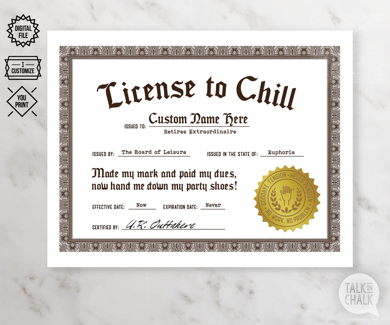 Lizenz zum Chillen Ruhestand PRINTABLE  Personalisiertes  Ruhestandsgeschenk  Personalisierter Ruhestand  Lustiges Ruhestandsknebel  Geschenk Inside Retirement Certificate Template