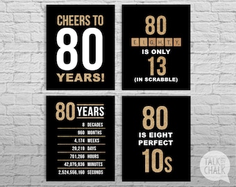 Poster stampabili per l'80 ° compleanno / Pacchetto di segni di 80 ° compleanno - FILE DIGITALI / Decorazioni per l'80 ° compleanno / Nero e oro / Applausi a 80 anni