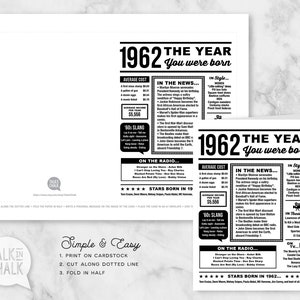1962 Year You Were Born PRINTABLE Birthday Card 1962 Birthday PRINTABLE ...
