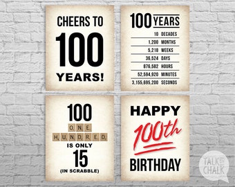 100th Birthday PRINTABLE Posters | 100th Birthday Sign Pack - DIGITAL FILES | 100th Birthday Party Decorations | Cheers to 100 Years