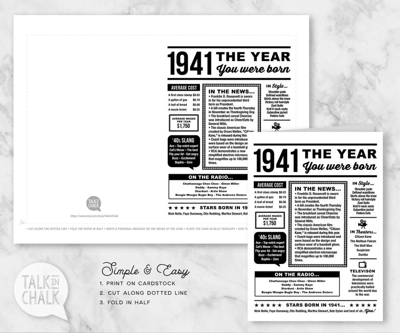 1941 Year You Were Born PRINTABLE Birthday Card 1941 Etsy UK