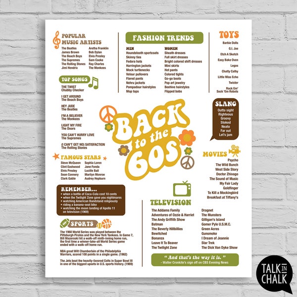 Back to the 60s PRINTABLE Poster | 60s Party Decorations | Decades Party | Sixties Party Sign | Easy to Print from Home