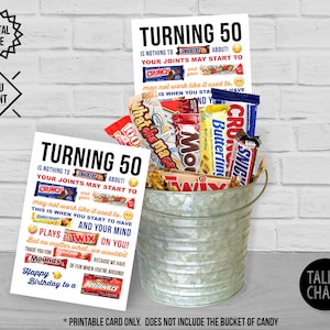 Turning 50 PRINTABLE Birthday Candy Gram Card | PRINTABLE 50th Birthday Card | Easy to Print at Home | Bucket of Candy NOT included