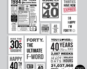 Divertente pacchetto di cartelli per il 40° compleanno / Poster di compleanno STAMPABILE dell'ultimo minuto, cartelli, etichetta per borsa regalo / Decorazioni per il 40° compleanno / DOWNLOAD IMMEDIATO