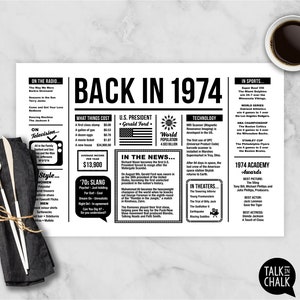 Back In 1974 PRINTABLE Placemat 50th Birthday 50th Anniversary High School Reunion Table Setting Party Decorations DIY Printing image 1