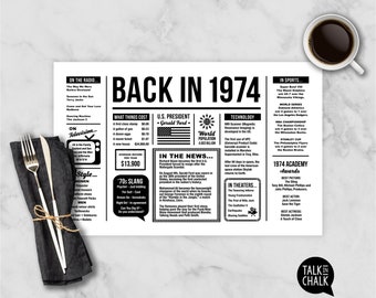 Back In 1974 PRINTABLE Placemat | 50th Birthday | 50th Anniversary | High School Reunion | Table Setting | Party Decorations | DIY Printing