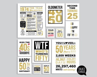 GOLD 50th Birthday Sign Bundle | Last Minute PRINTABLES | 50th Birthday Sign Pack | 13th Party Decorations for Men or Women | Born in 1974