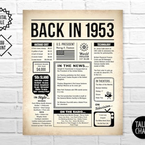 Back In 1953 Newspaper Poster PRINTABLE PRINTABLE 70th Birthday Sign Party Decoration Last Minute Gift Instant Download DIY Printing image 1