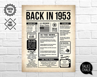 Back In 1953 Newspaper Poster PRINTABLE | PRINTABLE 70th Birthday Sign | Party Decoration | Last Minute Gift | Instant Download DIY Printing