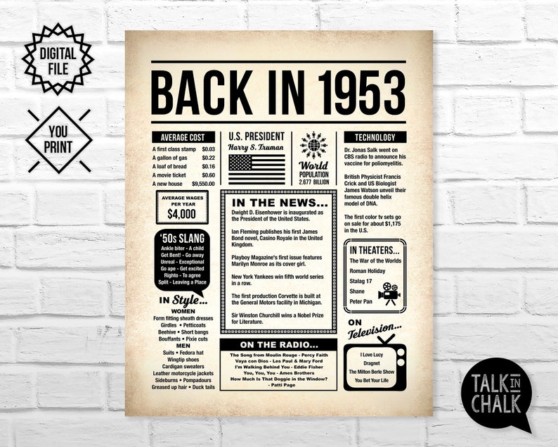 Back In 1953 Newspaper Poster PRINTABLE PRINTABLE 70th Birthday Sign Party Decoration Last Minute Gift Instant Download DIY Printing image 1