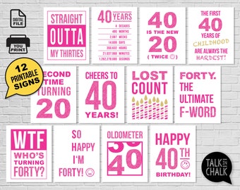 Divertente pacchetto di cartelli per il 40° compleanno STAMPABILI, 12 disegni / FACILI da STAMPARE Decorazioni per feste dell'ultimo minuto / Poster di compleanno rosa shocking per donne