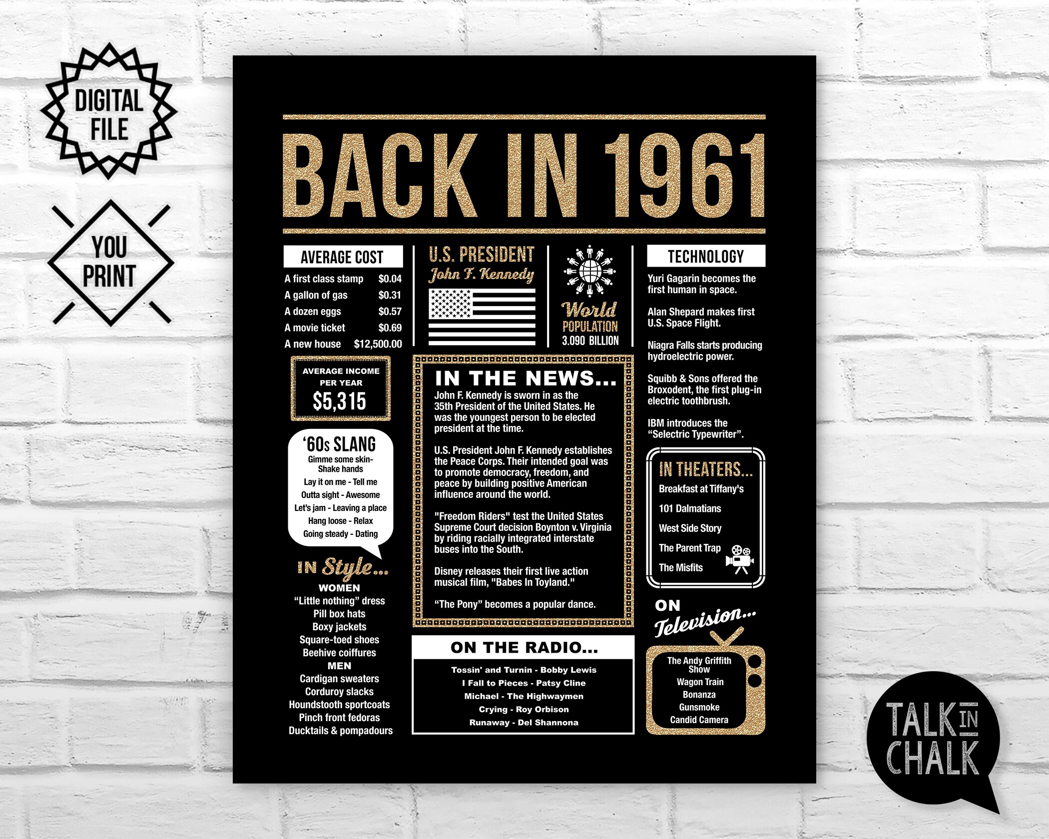 Back in 1961 Black and Gold PRINTABLE Poster 1961 Birthday - Etsy