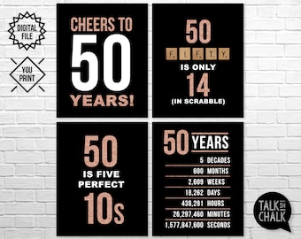 50th Birthday Rose Gold PRINTABLE Sign Pack | 50th Birthday DIGITAL Posters | 50th Birthday Party Decoration | DIY Printing