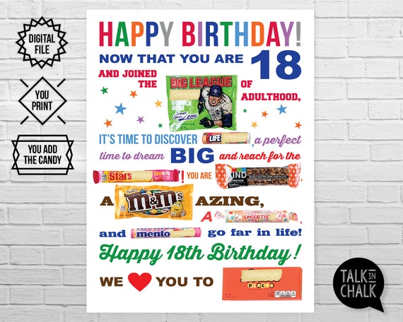 18th Birthday PRINTABLE Candy Poster 18th Birthday Ideas - Etsy