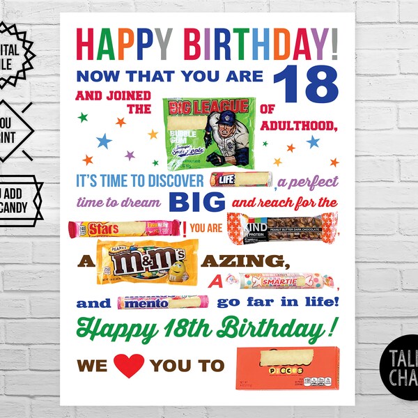 18th Birthday PRINTABLE Candy Poster | 18th Birthday Ideas | Birthday Candy Gram Sign | Funny Birthday Gift | DIY Printing