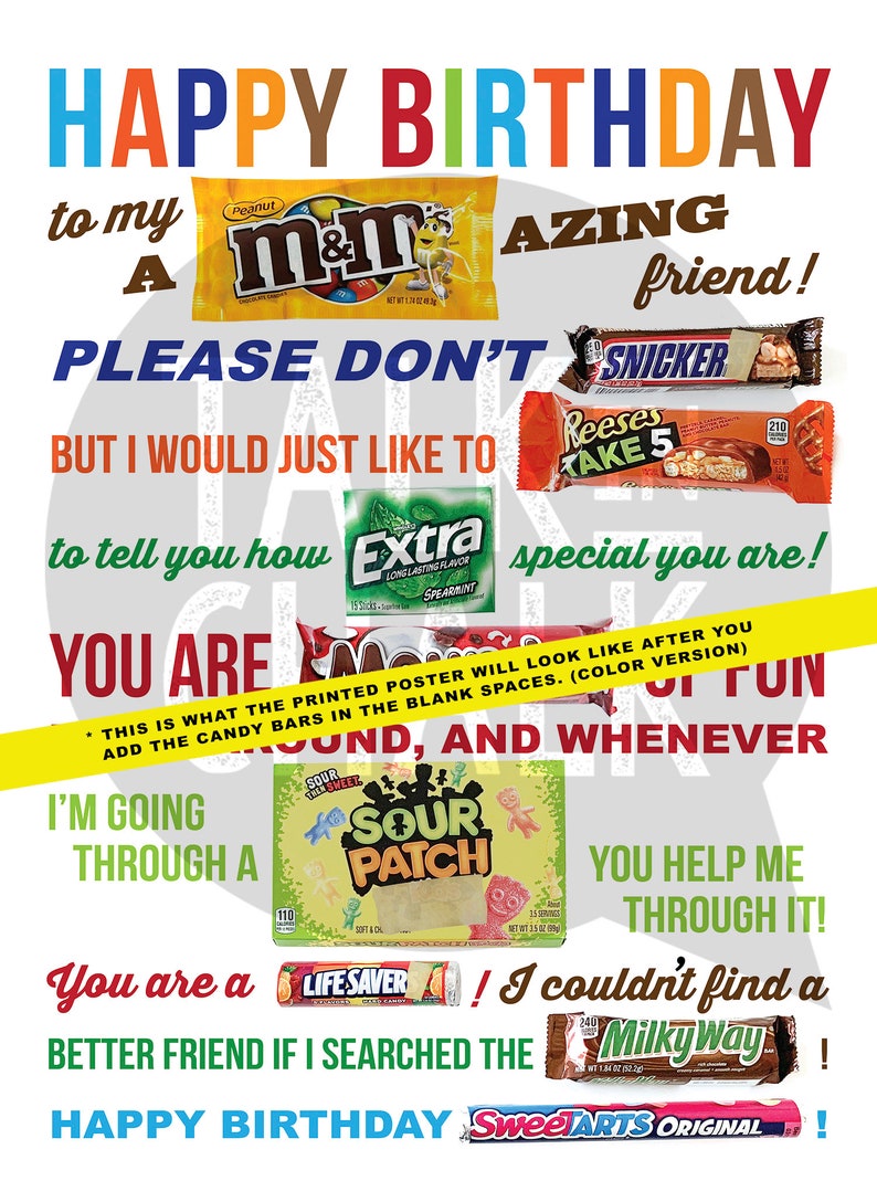Happy Birthday PRINTABLE Candy Poster Funny Birthday Gift Etsy
