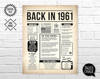 Back In 1961 Newspaper Poster PRINTABLE | 1961 PRINTABLE Birthday Sign | Party Decoration | Last Minute Gift | Instant Download DIY Printing