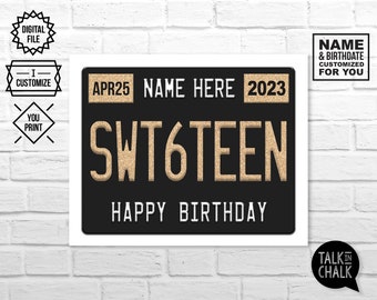 Faux Glitter Personalized Sweet Sixteen PRINTABLE Poster | 16th Birthday License Plate PRINTABLE Sign | Birthday Party Decoration