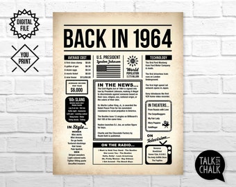 Back In 1964 Newspaper Poster PRINTABLE | PRINTABLE 60th Birthday, Anniversary, or Reunion Sign | Party Decorations | Last Minute Gifts