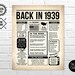 Back in 1939 PRINTABLE Newspaper Poster PRINTABLE Birthday - Etsy Canada