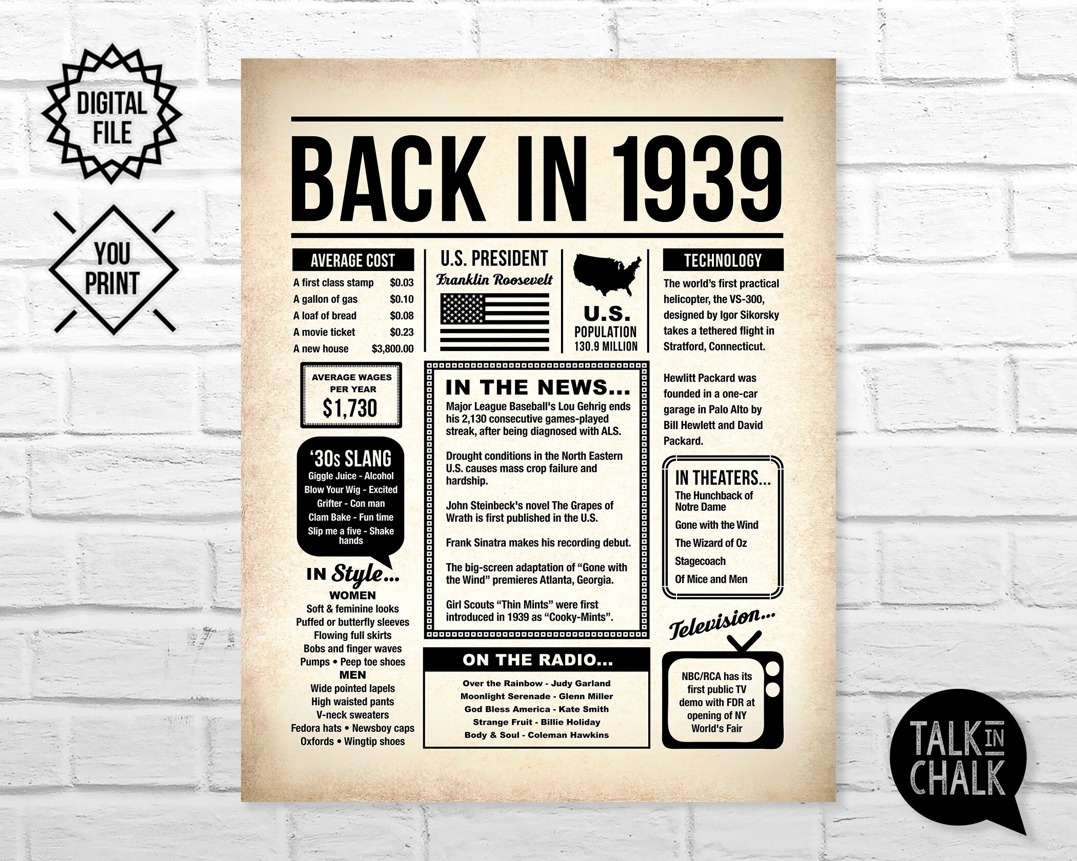Back In 1939 PRINTABLE Newspaper Poster PRINTABLE Birthday | Etsy
