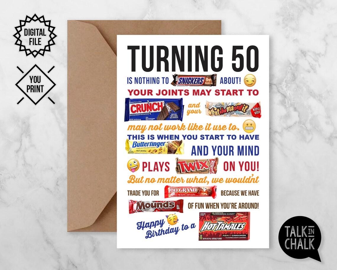 Turning 50 PRINTABLE Birthday Candy Gram Card PRINTABLE 50th Etsy