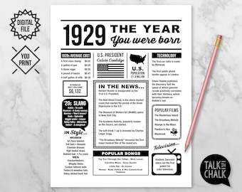 1929 The Year You Were Born PRINTABLE | 1929 Birthday Poster | 1929 DIGITAL Sign | Last Minute Birthday Gift | Instant Download