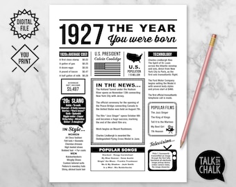 1927 The Year You Were Born PRINTABLE | 1927 PRINTABLE Birthday Sign | Last Minute Gift | Instant Download |  DIY Printing