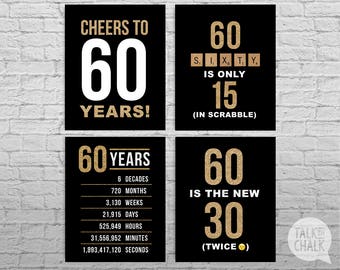 60th Birthday PRINTABLE Black and Gold Sign Pack - 60th Birthday DIGITAL Posters - Cheers to 60 Years Sign - 60th Birthday Decorations