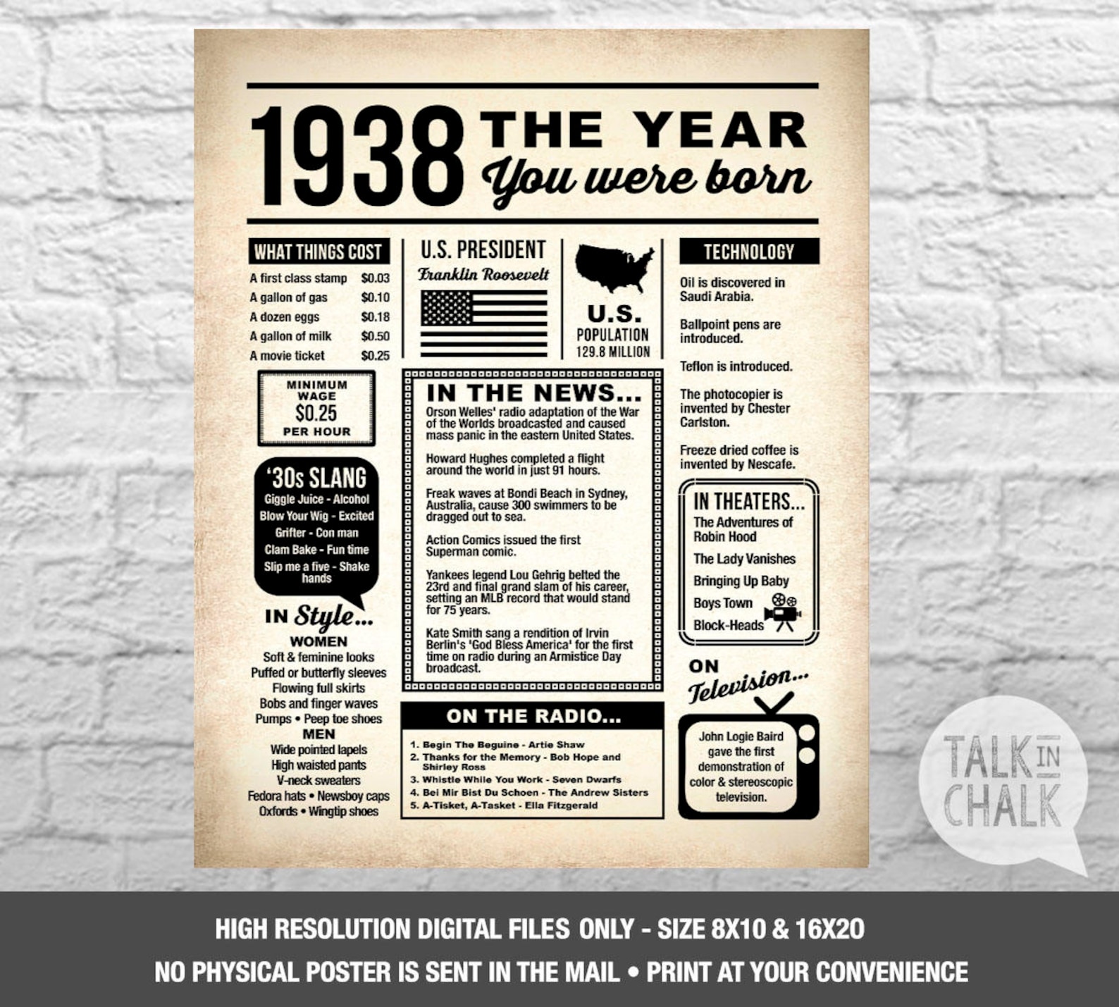 Back In 1938 PRINTABLE Newspaper Poster PRINTABLE Birthday | Etsy