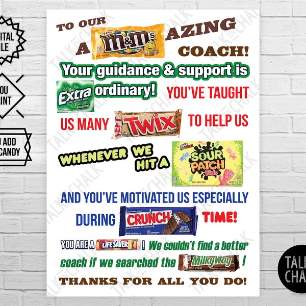 Affiche de bonbons IMPRIMABLE pour Coach | Fin de saison, cadeau de remerciement | PRINTABLE Candy Gram Sign pour un entraîneur de n'importe quel sport | Impression de bricolage