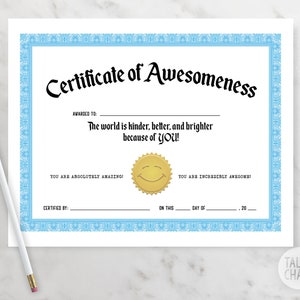 PRINTABLE Certificate of Awesomeness Awesome Recognition for School or ...