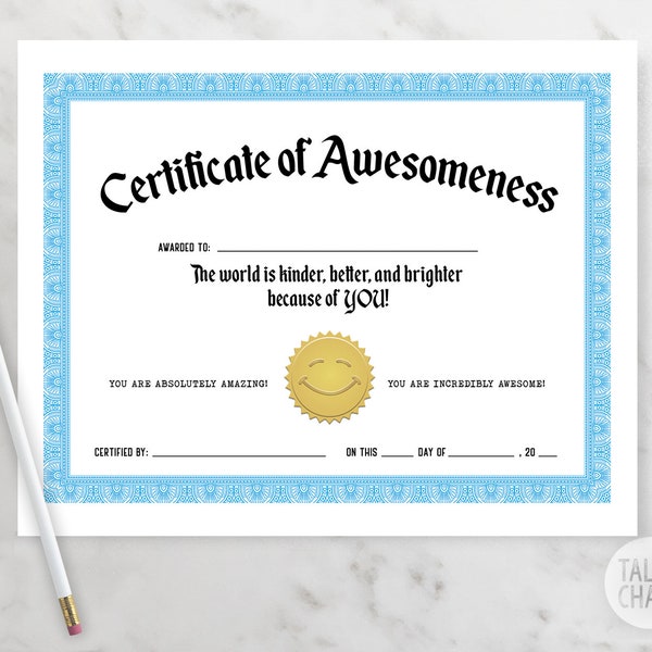 PRINTABLE Certificate of Awesomeness | Awesome Recognition for School or Work | Thank You Gift for a Friend Teacher Employee Students