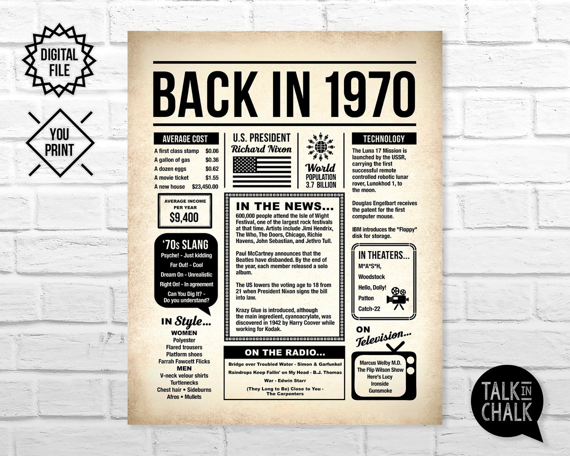Back In 1970 PRINTABLE Newspaper Poster PRINTABLE 1970 | Etsy