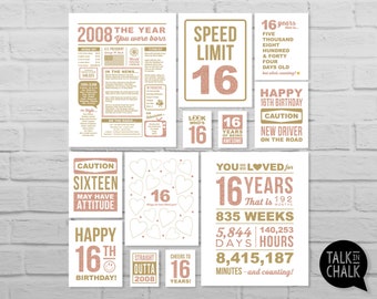 16th Birthday Rose Gold Sign Bundle | Last Minute PRINTABLE Birthday Poster Pack | 16th Party Decorations | 16 year old Girl | Born in 2008