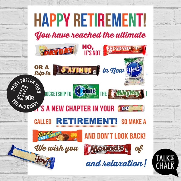 PRINTABLE Retirement Candy Bar Poster | PRINTABLE Candy Gram Sign | Gift or Co-worker | Retirement Gift | Gag Gift Ideas | DIY Printing