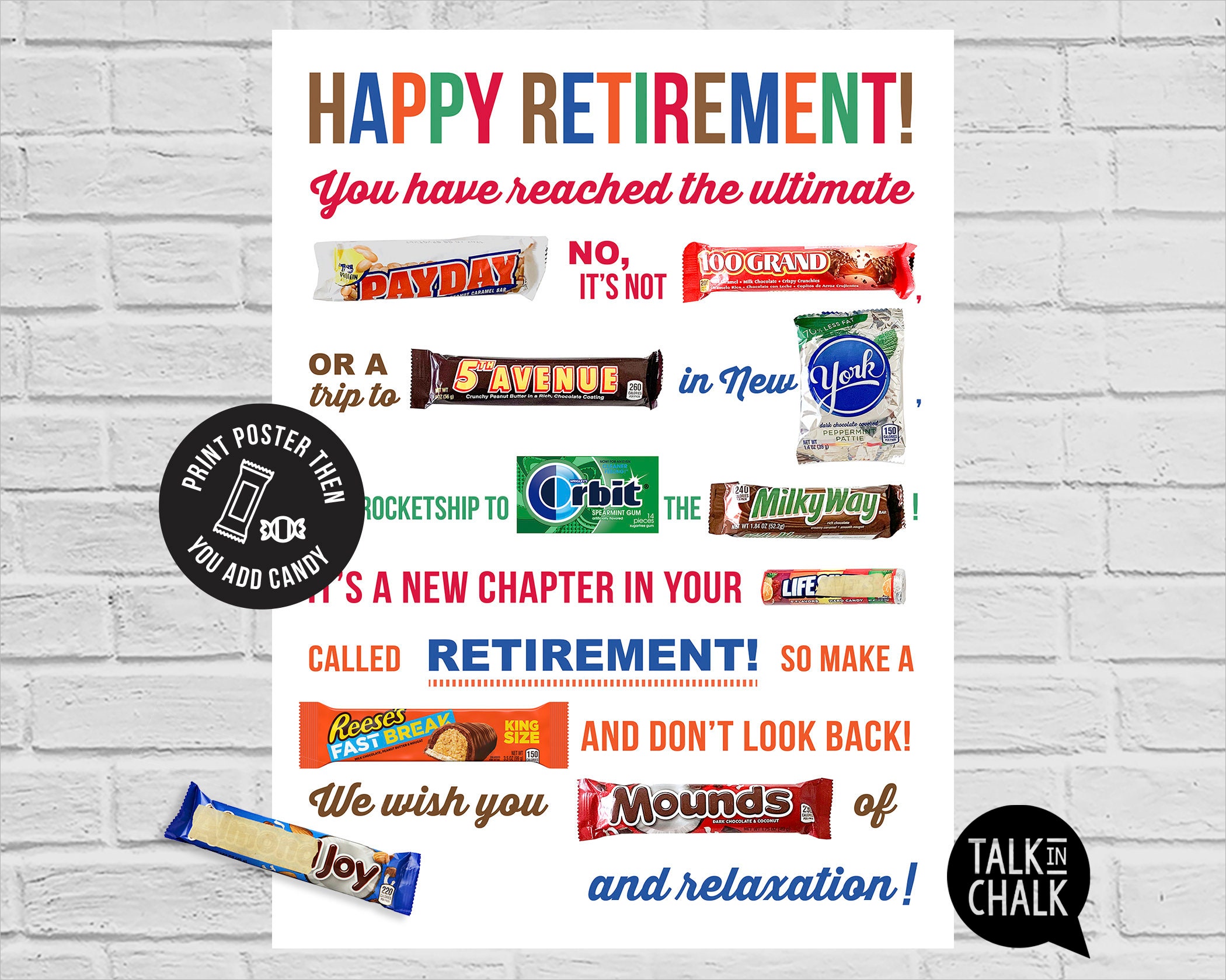PRINTABLE Retirement Candy Bar Poster PRINTABLE Candy Gram Sign