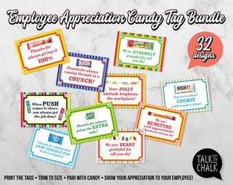 PRINTABLE Employee Appreciation Candy Tag Bundle | 32 Candy Gift Tags Designs | Employee Appreciation Gift Ideas | Easy to Print & Cut