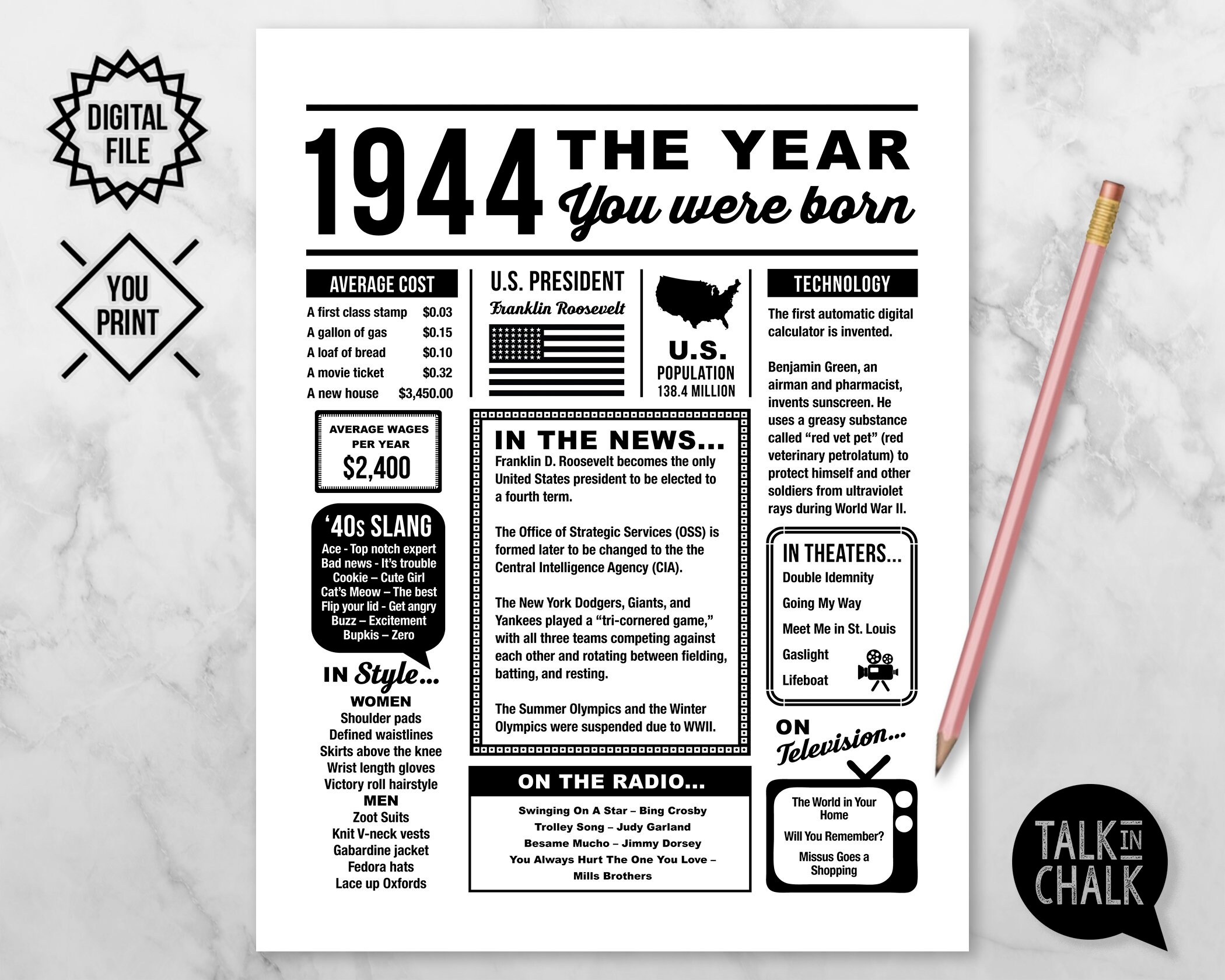 1944 the Year You Were Born PRINTABLE Born in 1944 80th Birthday Party Decorations Last Minute Birthday Gift for Grandma, Grandpa - Etsy