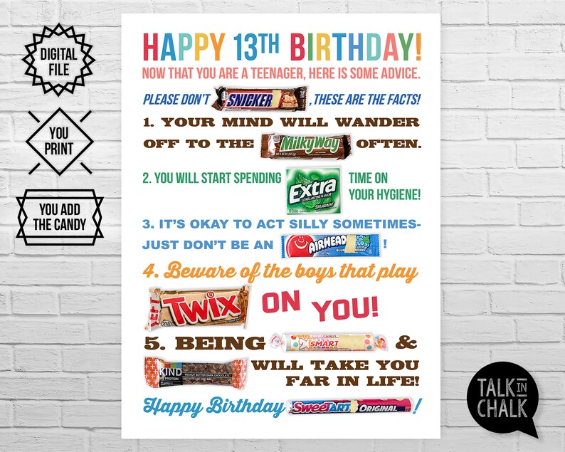 13th Birthday PRINTABLE Candy Poster for Daughter - Etsy