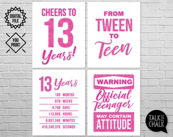 Hot Pink 13th Birthday Party Signs, | 13th Birthday PRINTABLE Posters | Last Minute Birthday Decorations for Teenage Girl | EASY to PRINT