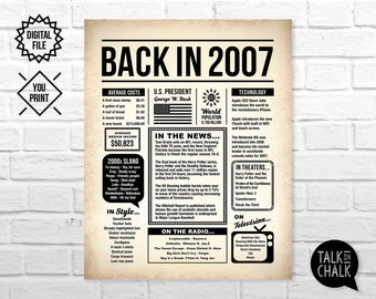 Back In 2007 Newspaper Poster PRINTABLE | 2007 Birthday PRINTABLE | Birthday Party Decoration | Last Minute Gift for Teenage Boy or Girl