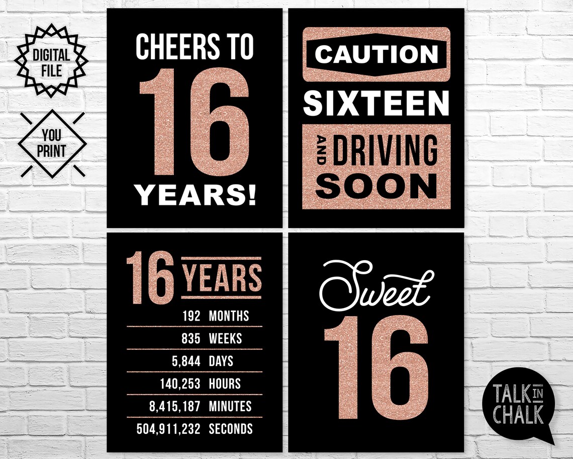 16th Birthday PRINTABLE Signs Sweet 16 Rose Gold Birthday | Etsy