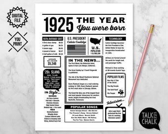 1925 The Year You Were Born PRINTABLE | 1925 PRINTABLE Birthday Sign | Last Minute Gift | Instant Download |  DIY Printing